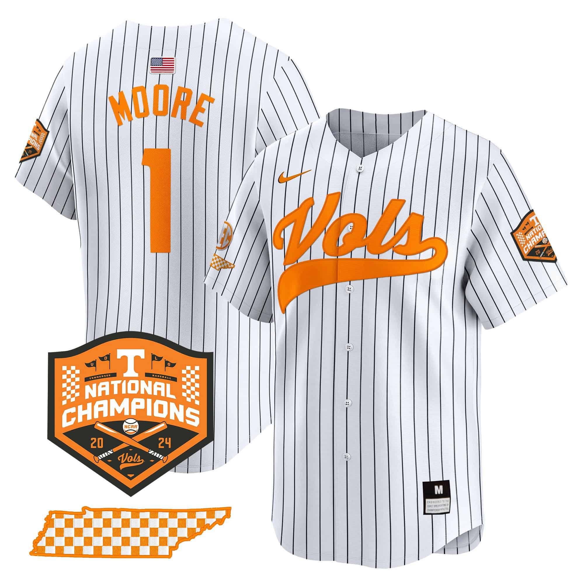 Men Tennessee Volunteers #1 Moore White Stripe 2024 Nike Champions Vapor Premier Limited NCAA Jersey